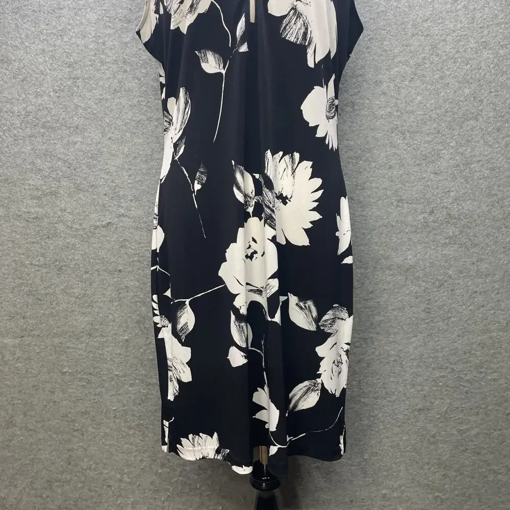 White House Black Market Floral Dress L Blk/Wht V Neck Stretch Midi Sleeveless